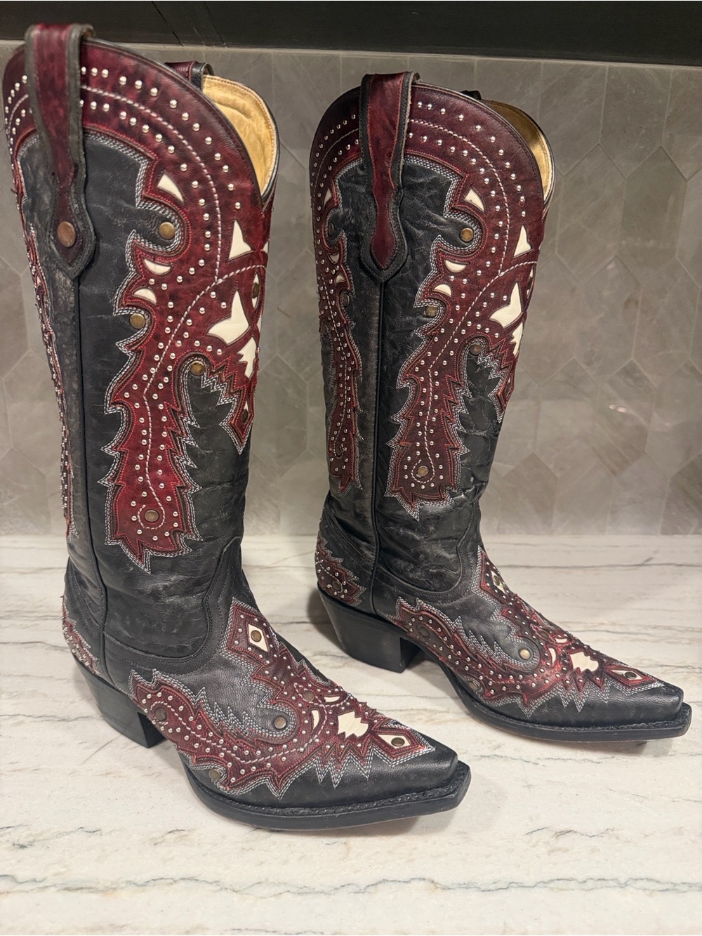 Women's Black and Burgundy Embellished Western Heeled Boots - Picture 5 of 11